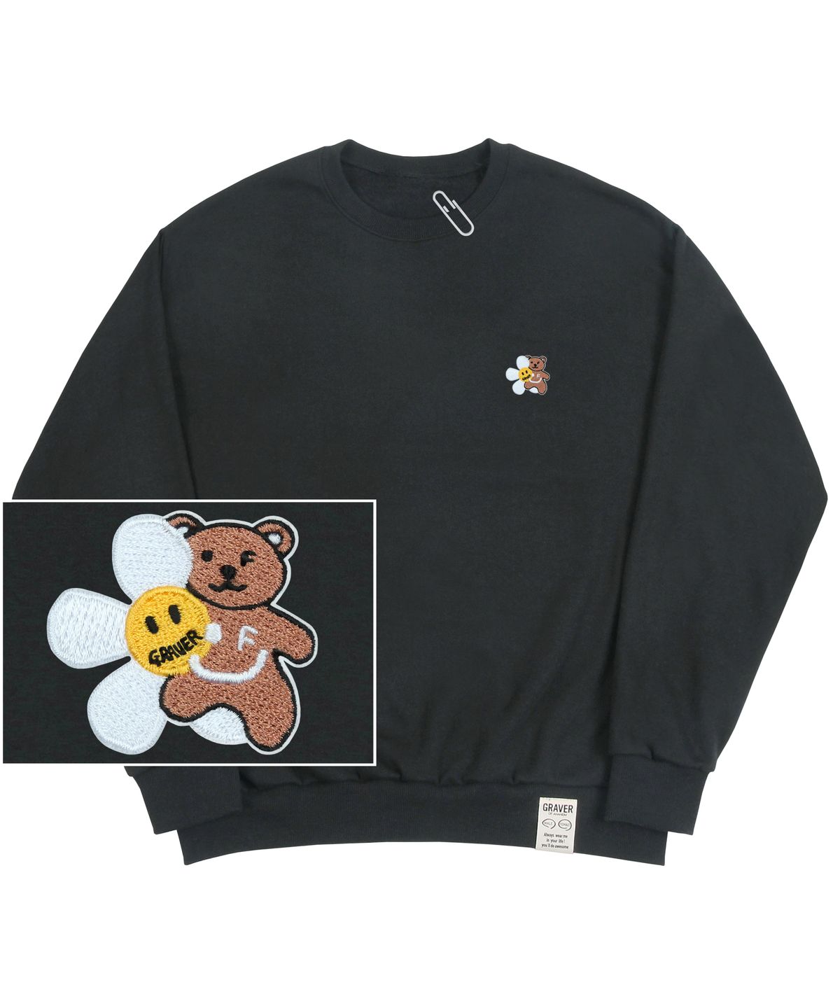 그레이버(GRAVER) [UNISEX]플라워 베어 자수 스마일 맨투맨_차콜