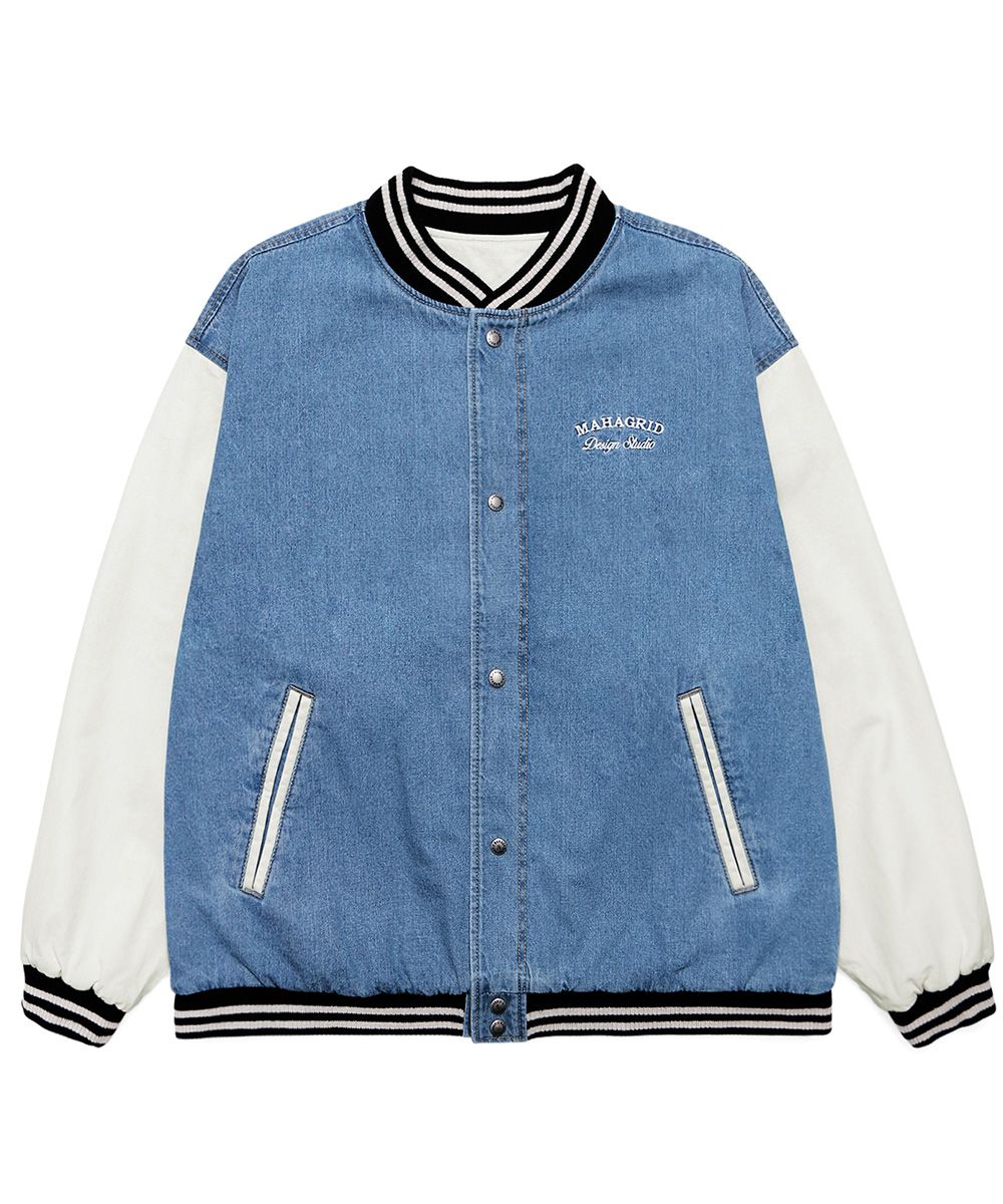 MUSINSA | MAHAGRID DENIM VARSITY JACKET BLUE(MG2CSMB946A) MUSINSA | MAHAGRID DENIM VARSITY JACKET BLUE(MG2CSMB946A)