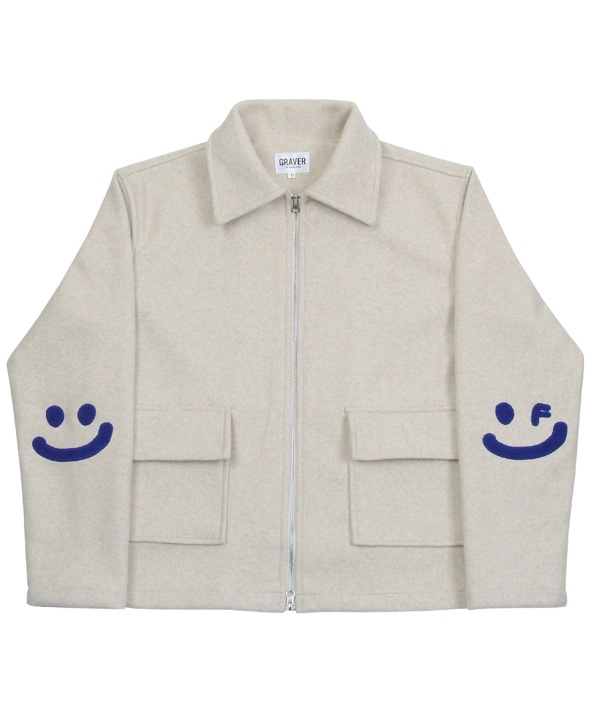 그레이버(GRAVER) [UNISEX]엘보우 스마일 드로잉 부클자수 이중지 자켓_아이보리