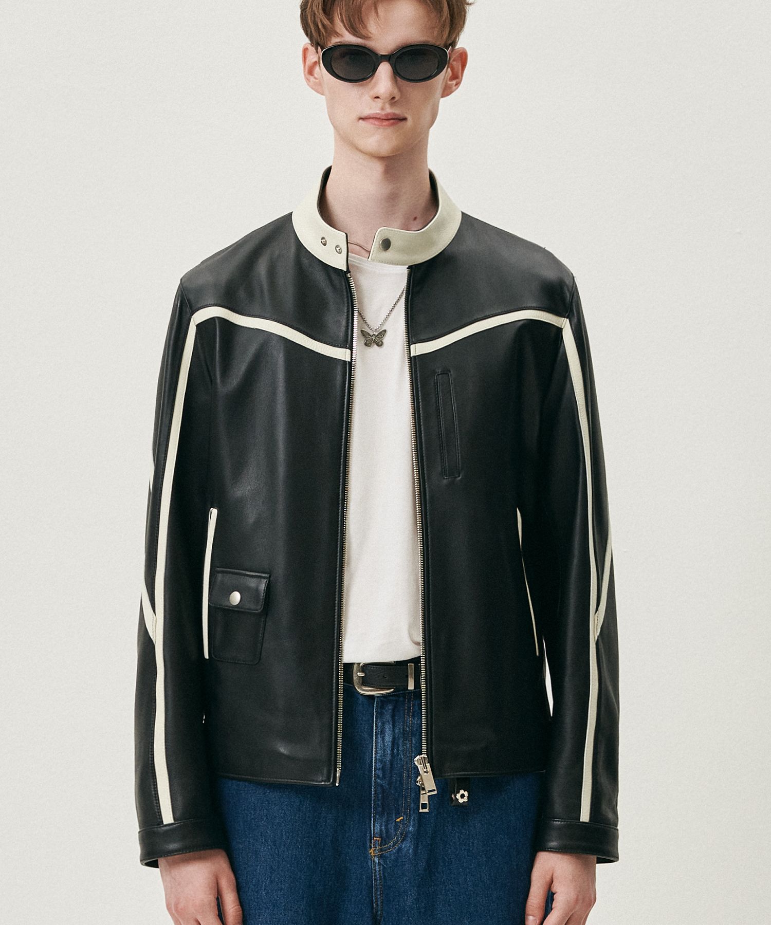 MUSINSA | DOFFJASON OVERSIZED MIXED LEATHER RACING JACKET