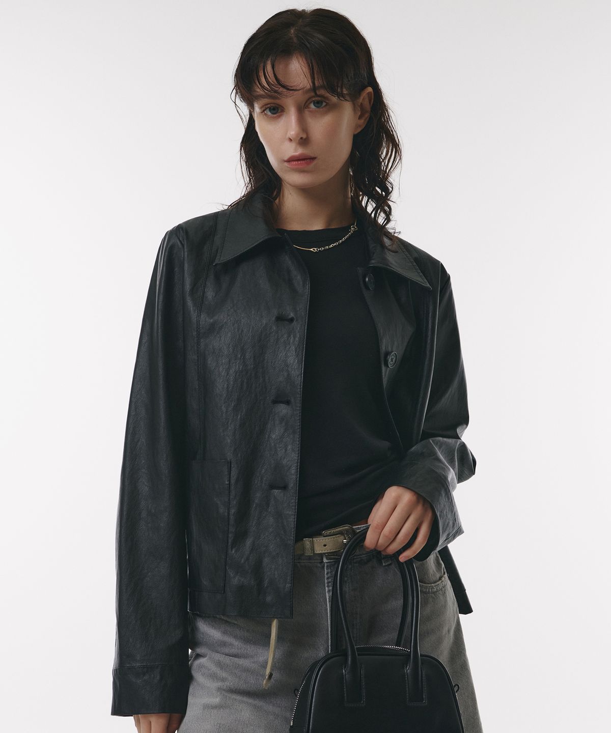 도프셉(DOFFSEPT) FAUX Leather Two Pocket Jacket in Black