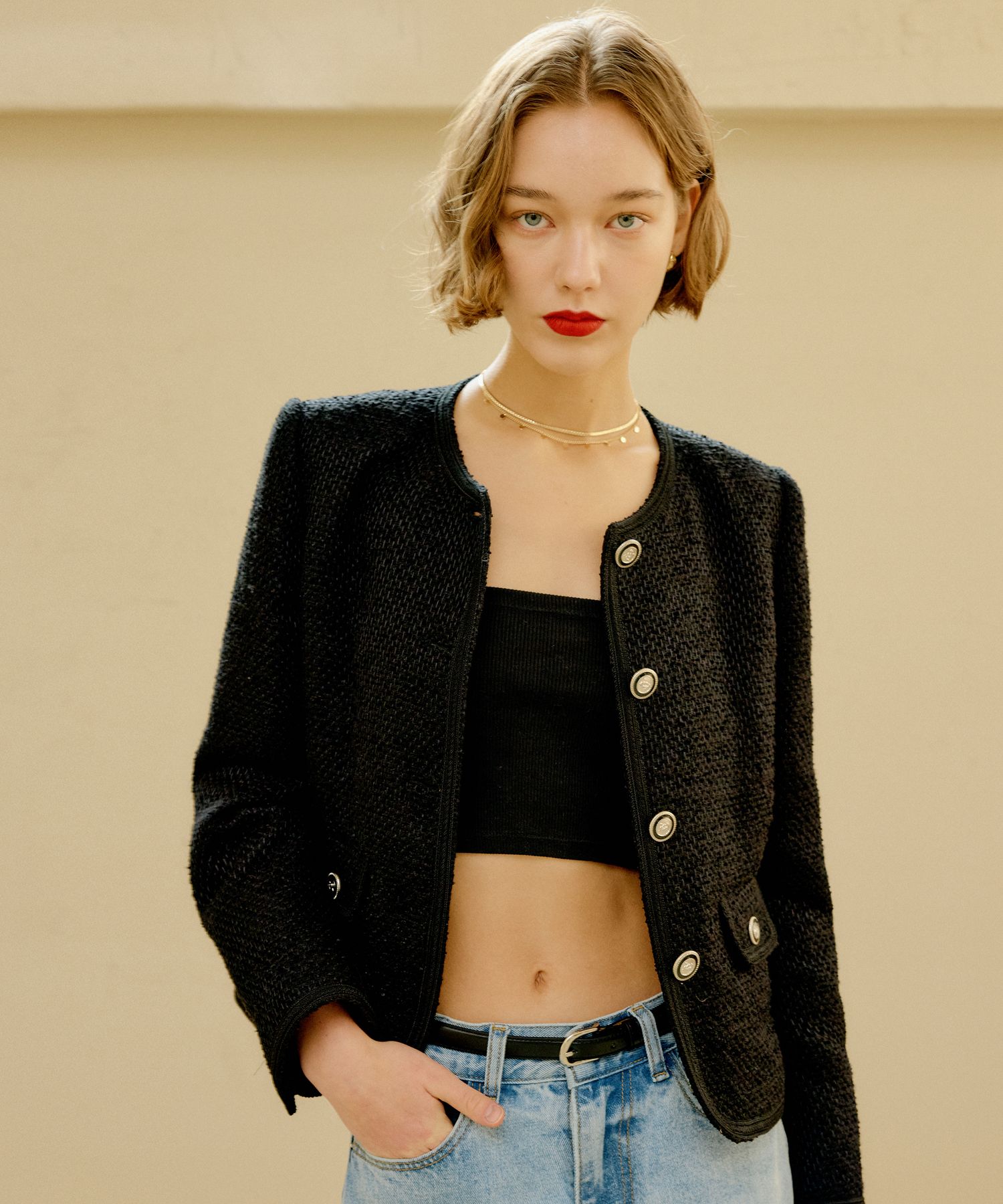 MUSINSA公式 | LOOKAST BLACK GIA TRIMMED TWEED JACKET