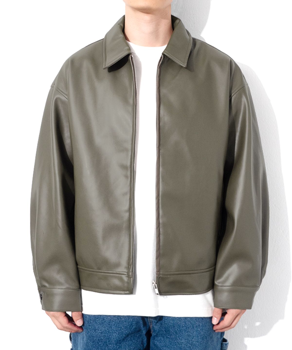 큐티에잇 가먼츠(QT8 GARMENTS) LB Synthetic Leather Single Jacket (Grey Khaki)