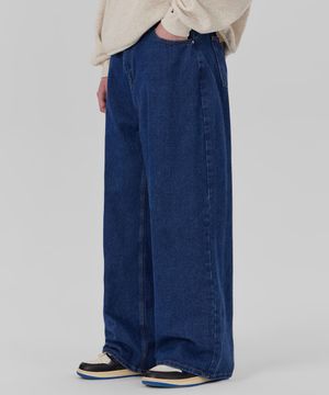 이지 와이드 데님 팬츠 딥블루