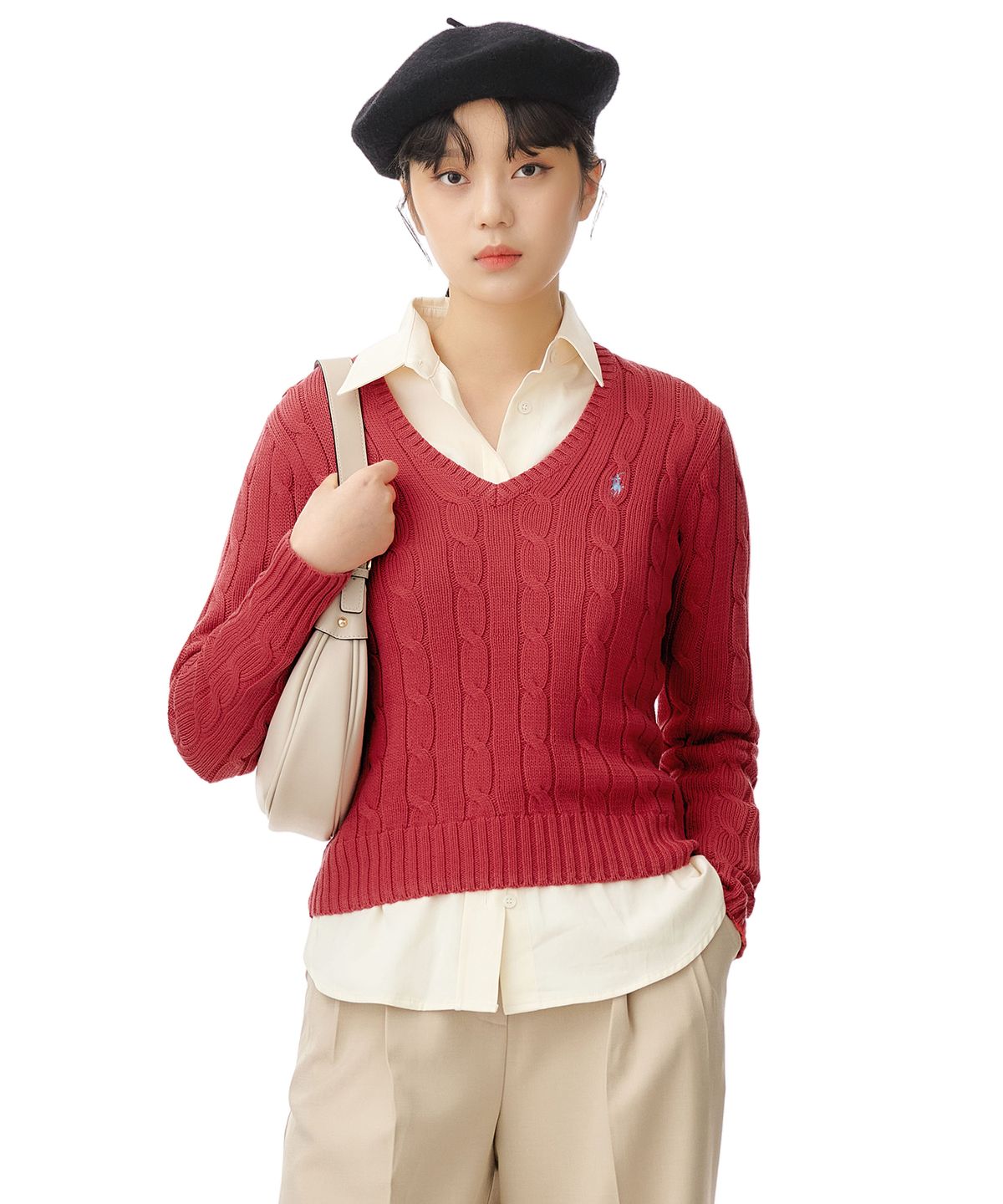 폴로 랄프 로렌(POLO RALPH LAUREN) W 케이블니트 V넥 스웨터 - 레드