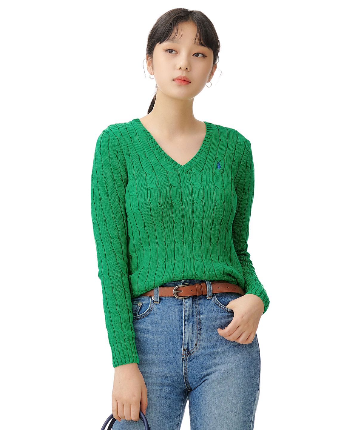 폴로 랄프 로렌(POLO RALPH LAUREN) W 케이블니트 V넥 스웨터 - 그린
