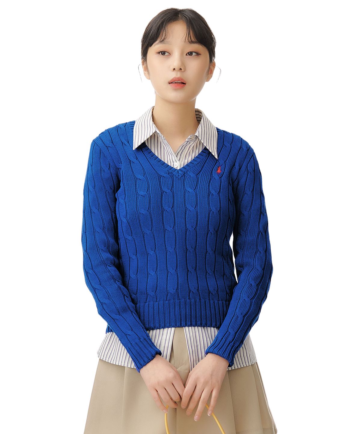 폴로 랄프 로렌(POLO RALPH LAUREN) W 케이블니트 V넥 스웨터 - 블루