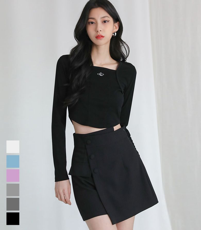 Square neck Line crop long sleeve  - 6COL
