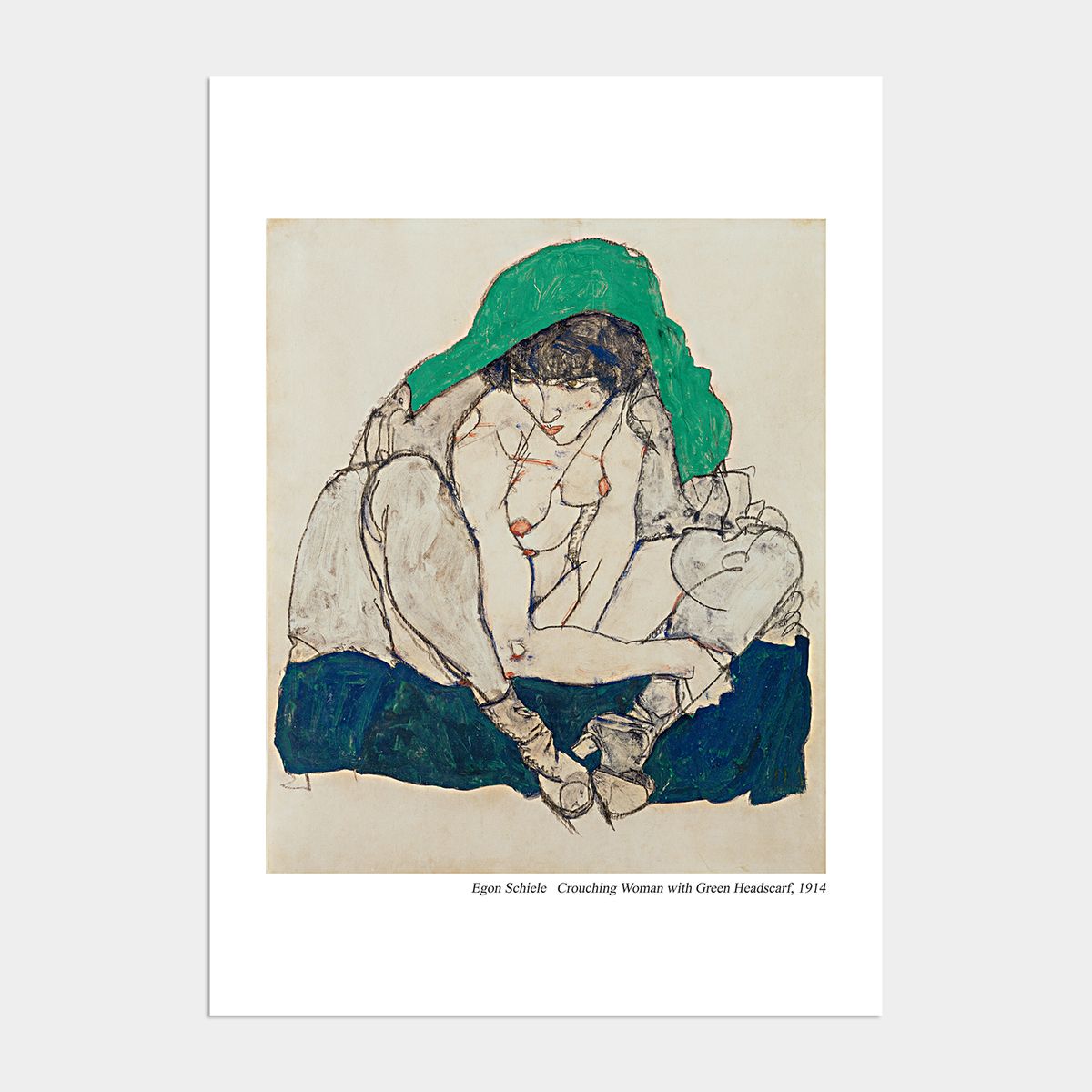 멜팅스튜디오(MELTING STUDIO) 에곤 실레 액자 인테리어 포스터 / 33번 녹색 머리스카프와 움크리고 있는 여자