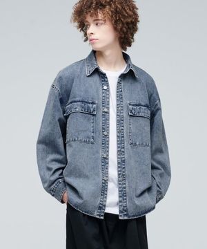 오버사이즈 더블 포켓 데님 셔츠 [라이트 인디고]