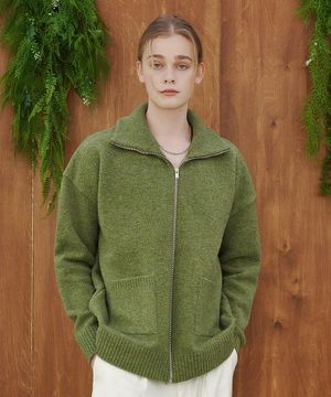 울 부클 풀 집업 가디건_포레스트 그린