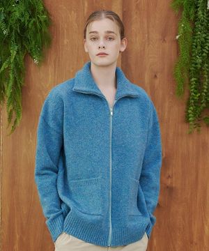 울 부클 풀 집업 가디건_블루