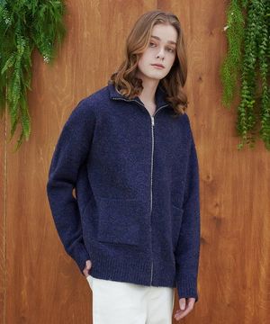 울 부클 풀 집업 가디건_네이비