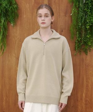 플레인 하프 집업 니트 탑_베이지