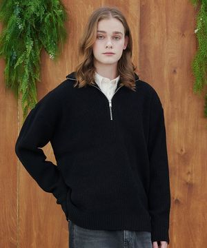 하프 집업 리브 니트 탑_블랙