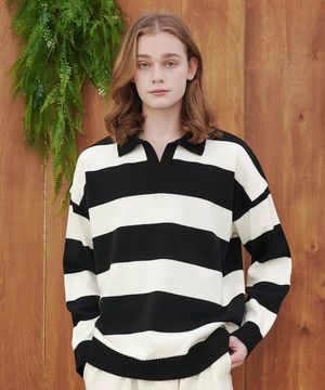 스트라이프 오픈 카라 풀오버 니트_블랙