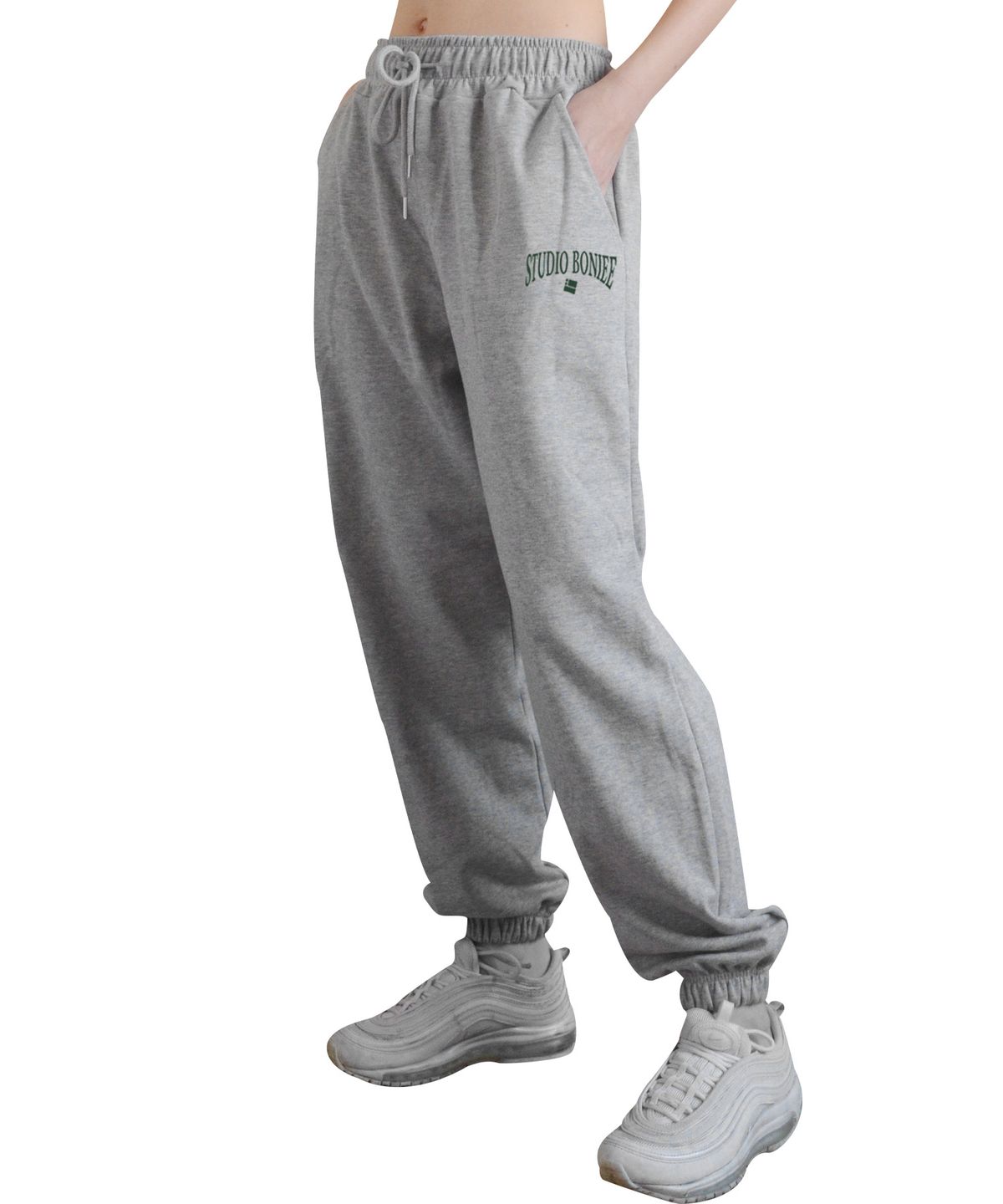 보늬(BONIEE) [기모 선택] 아치 타이포 조거(Jogger) 밴딩 팬츠 그레이