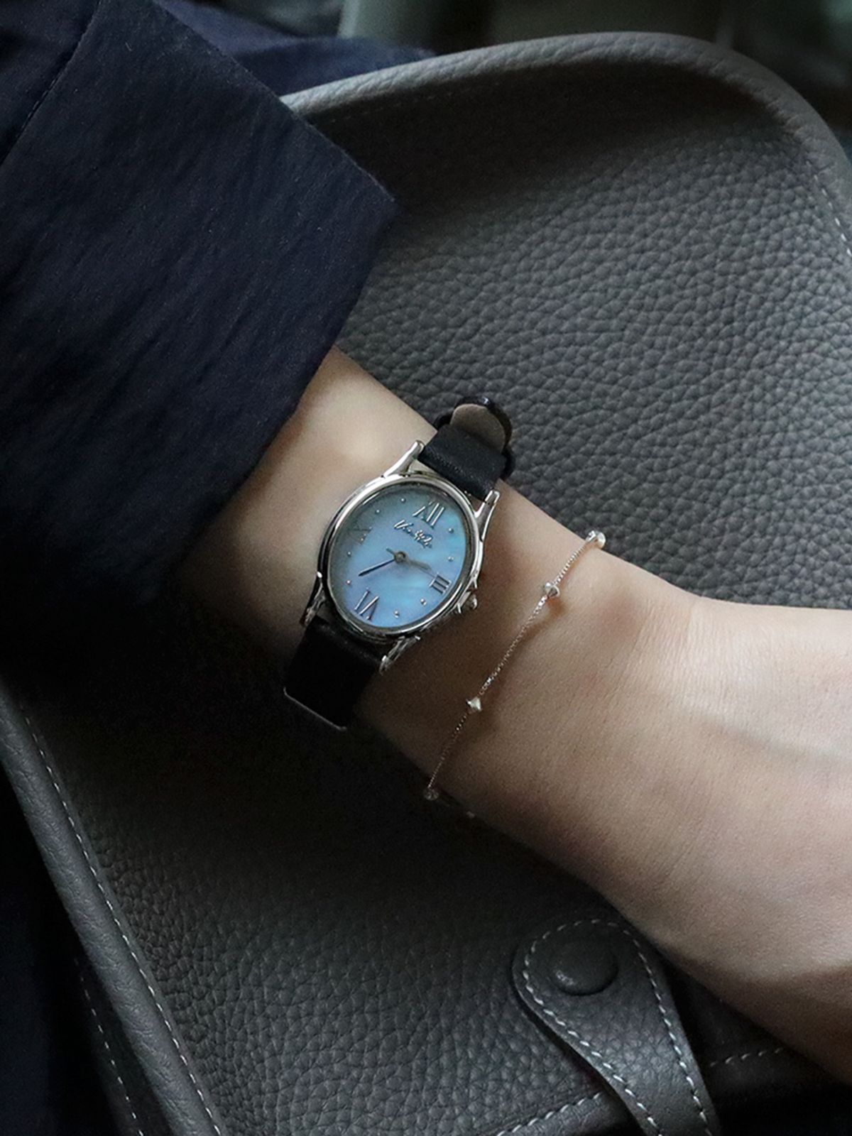 벤앤쿠(VENANDQU) Gem-Silver/Aquamarine (Black leather)
