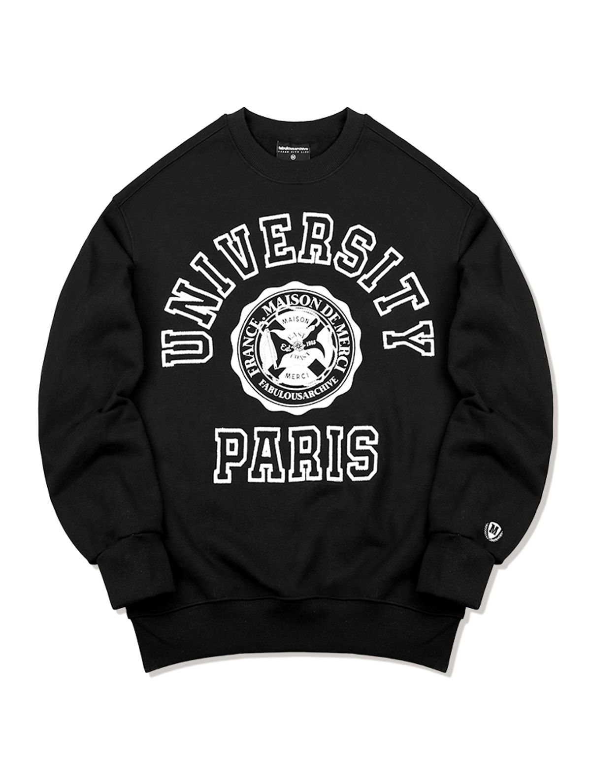 라 메종 스튜디오(LA MAISON STUDIO) UNISEX 레귤러핏 UNIVERSITY 엠보자수 맨투맨 블랙(FCC1TS402M)
