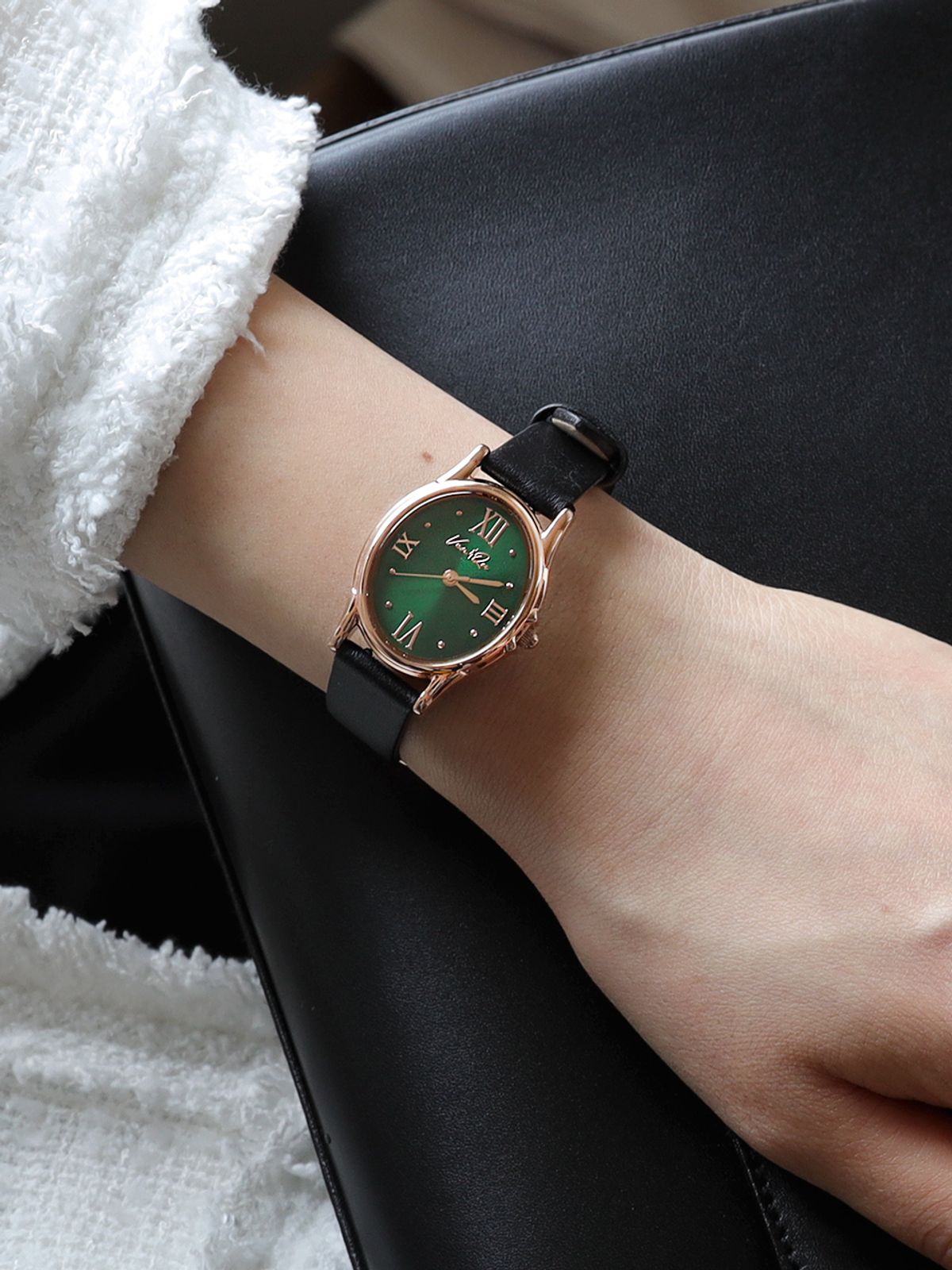 벤앤쿠(VENANDQU) Gem-Rosegold/Emerald (Black leather)