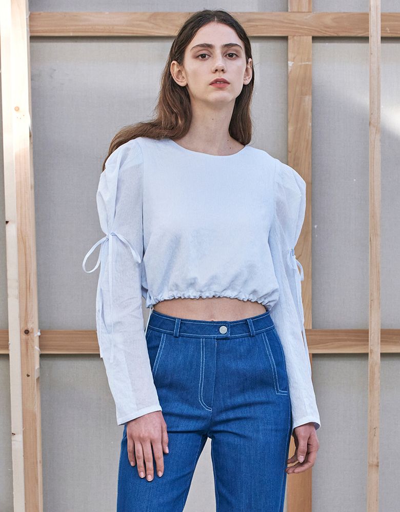 Puff Sleeve Ribbon Blouse - Sky Blue