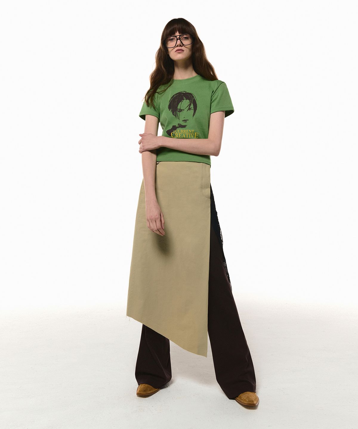 커렌트(CURRENT) ASSYMETRIC LAYERED WRAP SKIRT [KHAKI]