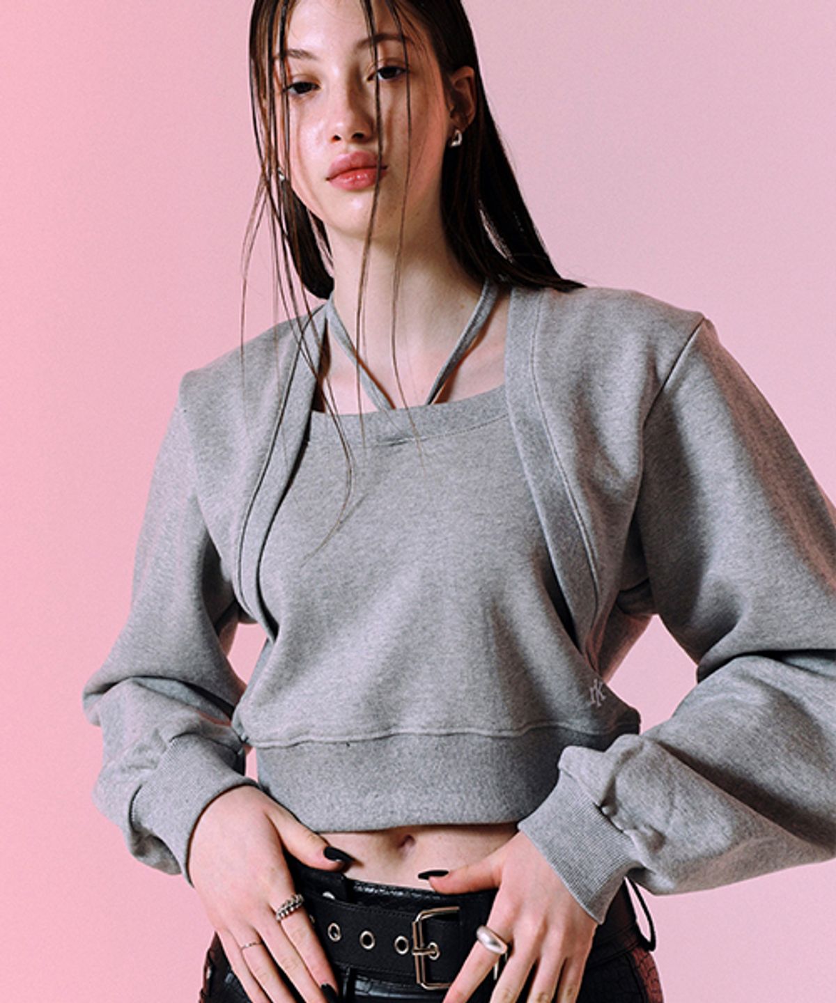 낫노잉(NOTKNOWING) Bolero Layered Sweat_Melange Grey