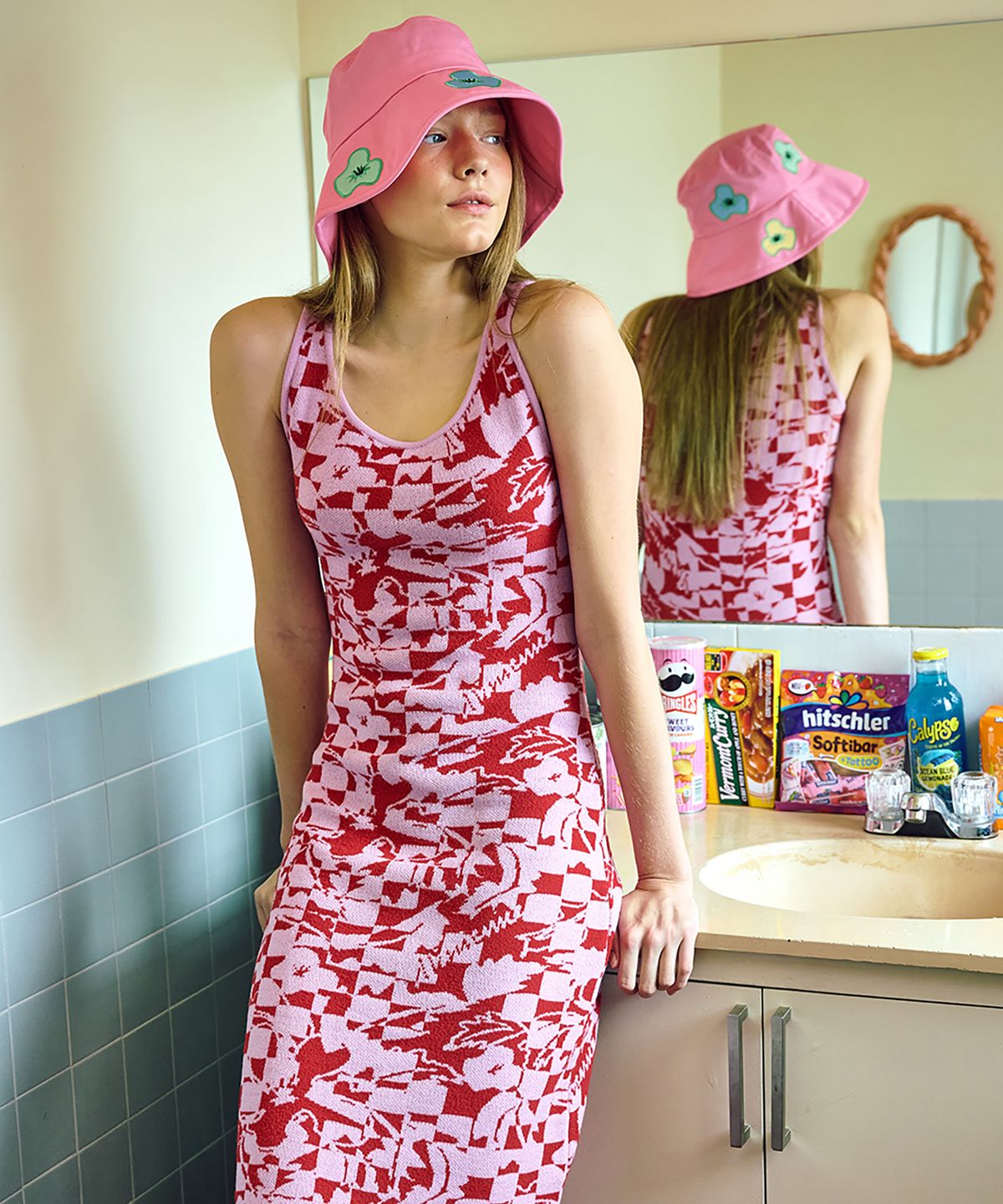 미미카위(MIMICAWE) WILD CHECKERBOARD KNIT DRESS/PINK