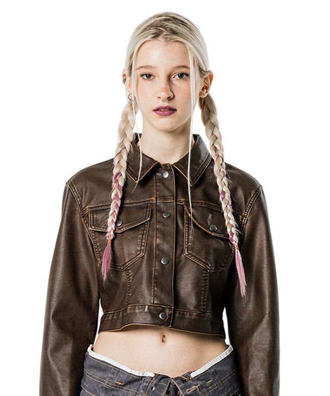 【runningHIGH】VINTAGE WASHED LEATHER CROP JACKET VINTAGE WASHED LEATHER CROP JACKET [OLIVE GREEN] - 러닝하이