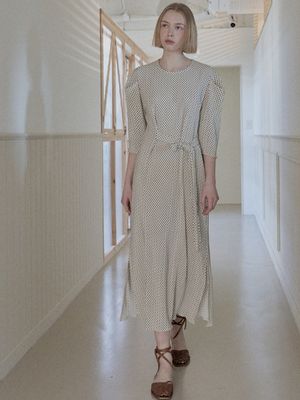 Dot Pleated Puff Sleeve Dress - Ivory