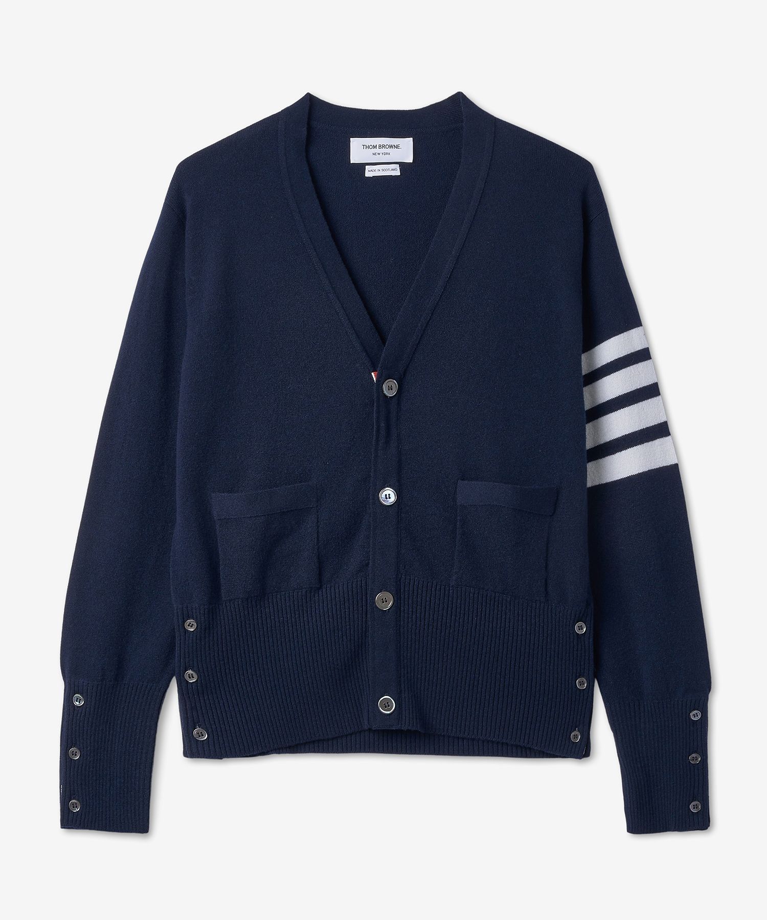 MUSINSA THOM BROWNE Bar V-Neck Cardigan Navy MKC001A00011415