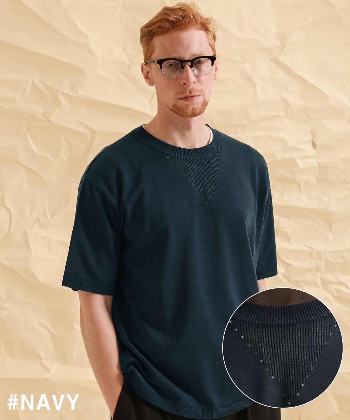스테이지 네임(STAGE NAME) 쿨 소프트 네크 펀칭 니트 반팔티_네이비
