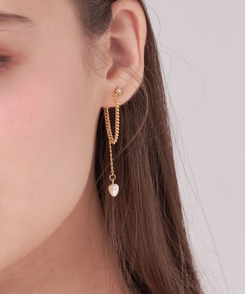 HEART DROP PEARL CHAIN EARRING