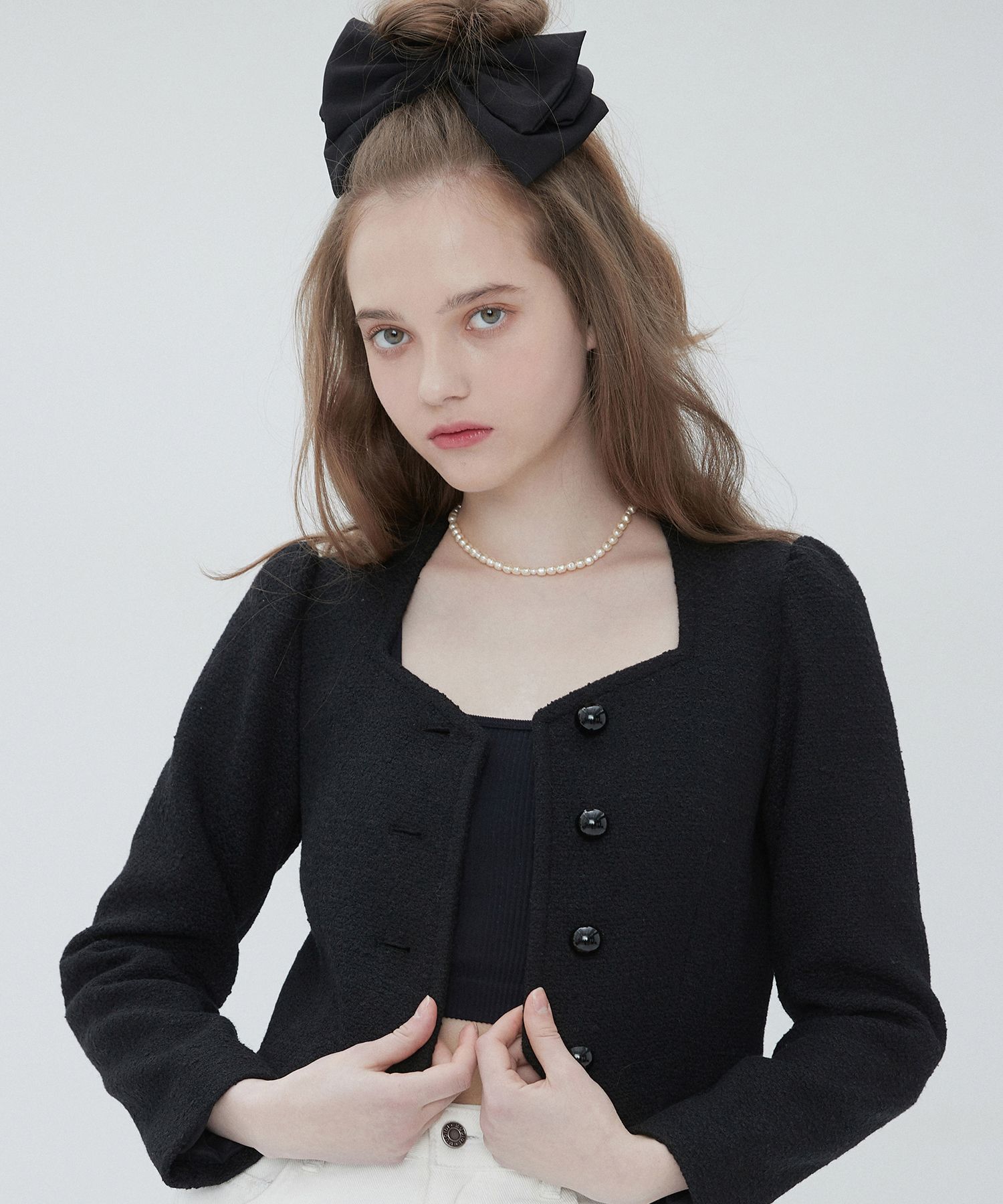 【MUDIDI】22SS★ Tweed heart neck crop jacket 001 MUSINSA | MUDIDI Tweed heart neck crop jacket 001 Black
