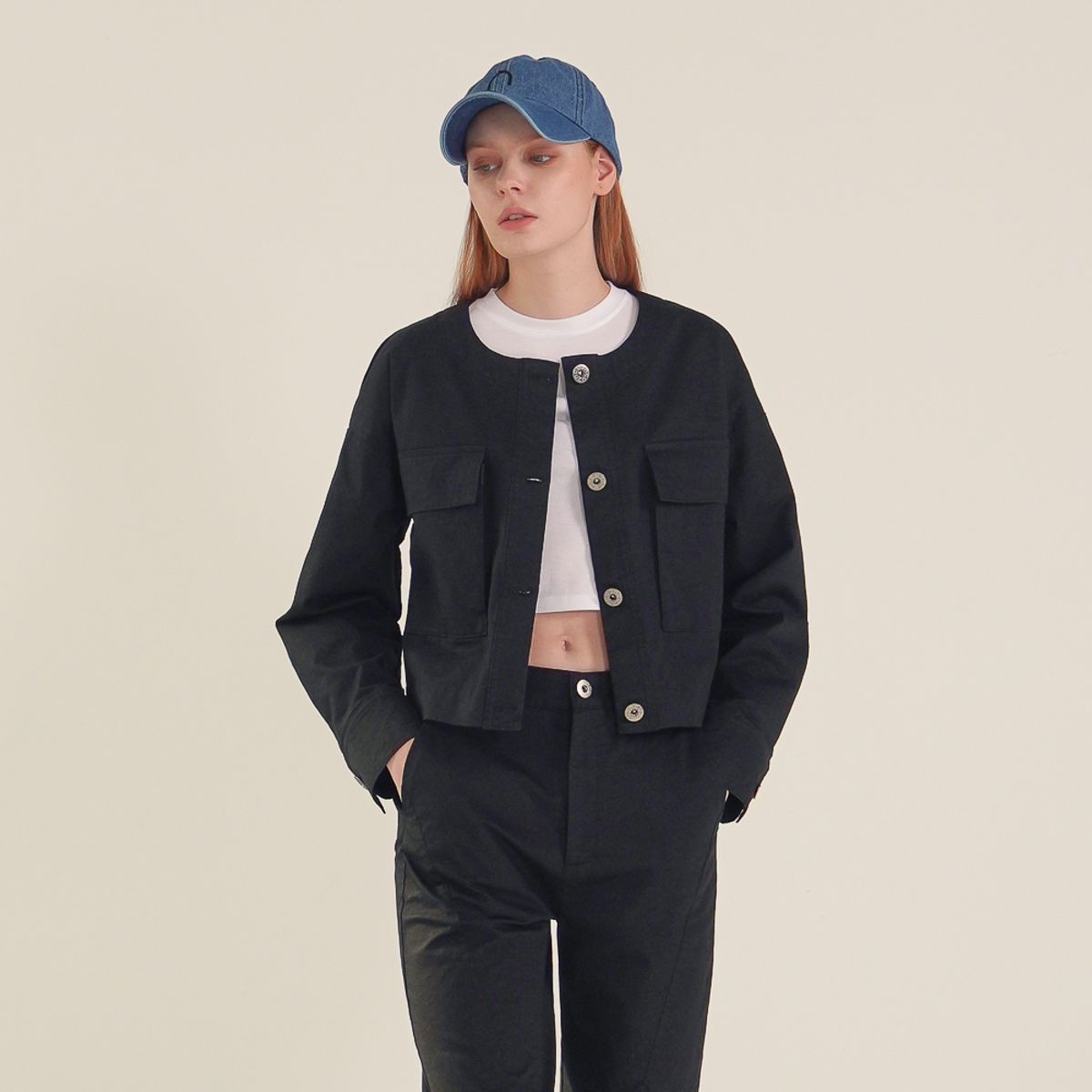 아쿠드(ACUD) Round Neck Cropped Jacket_Black