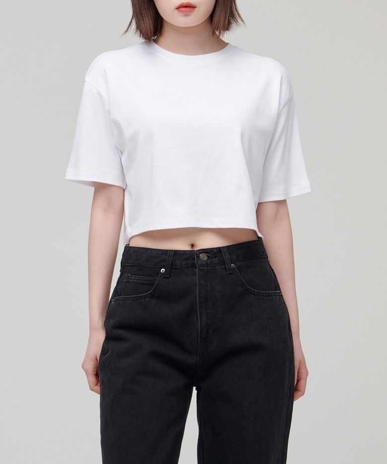 우먼즈 릴렉스 핏 크루 넥 크롭 티셔츠 [화이트]
