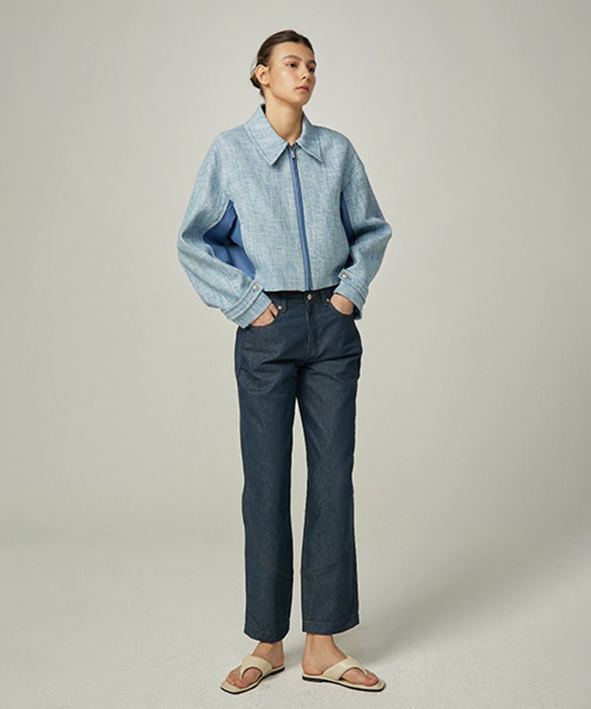 아바몰리(AVA MOLLI) DENIM CONTRAST TWEED ZIPUP JK (BLUE)
