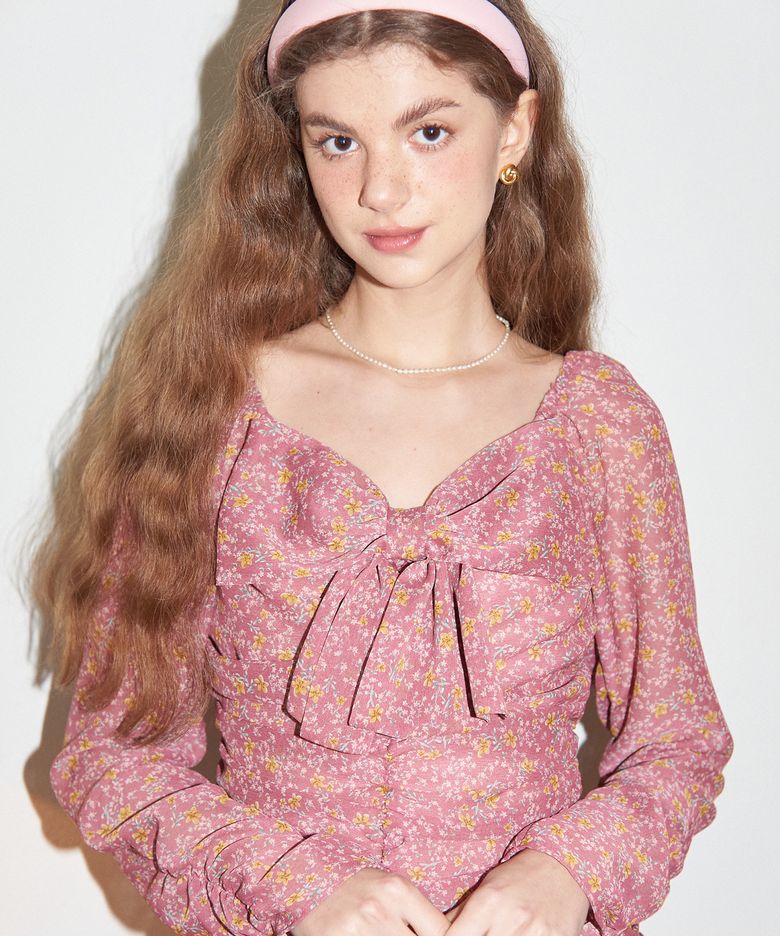 Ribbon Point Shirring Dress_ Pink