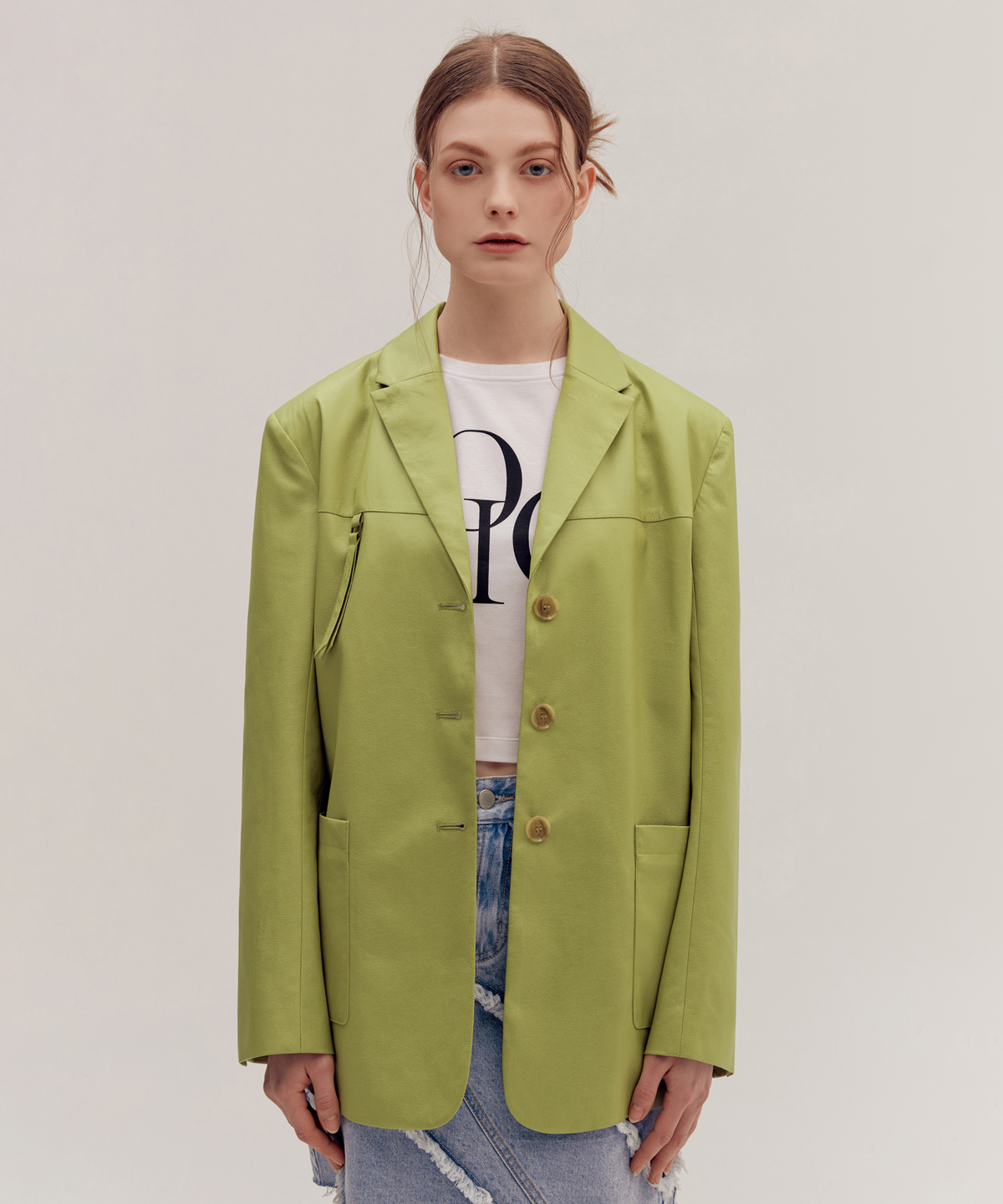 오아이오아이 컬렉션(OIOI COLLECTION) FAUX LEATHER JACKET [GREEN]
