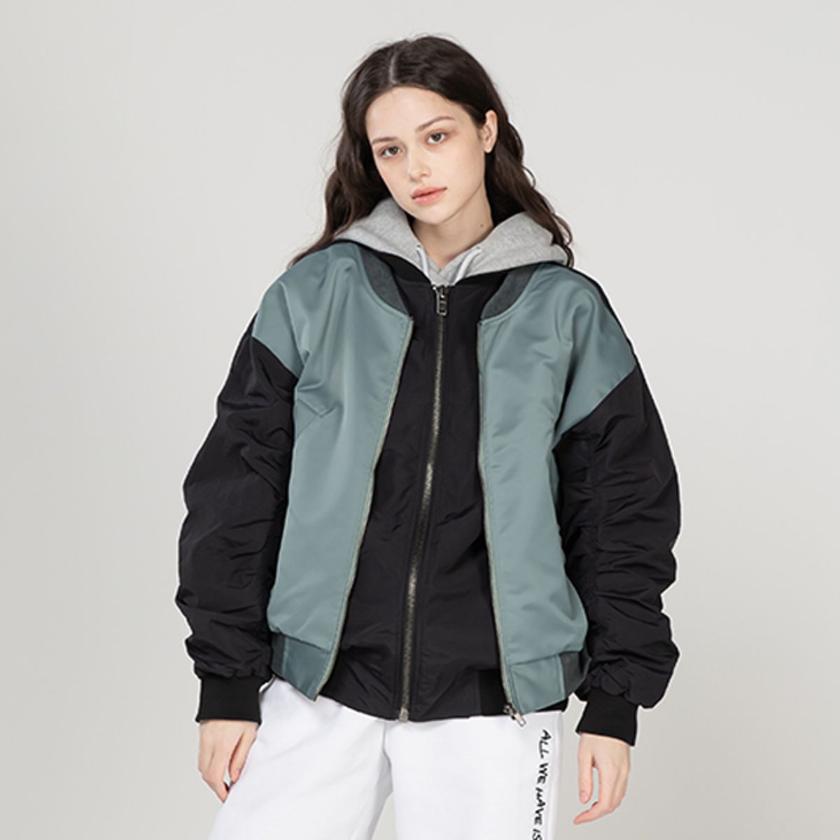 라온(RA_ON) UNISEX TWO ZIPPER FLIGHT JUMPER_GREEN BLACK