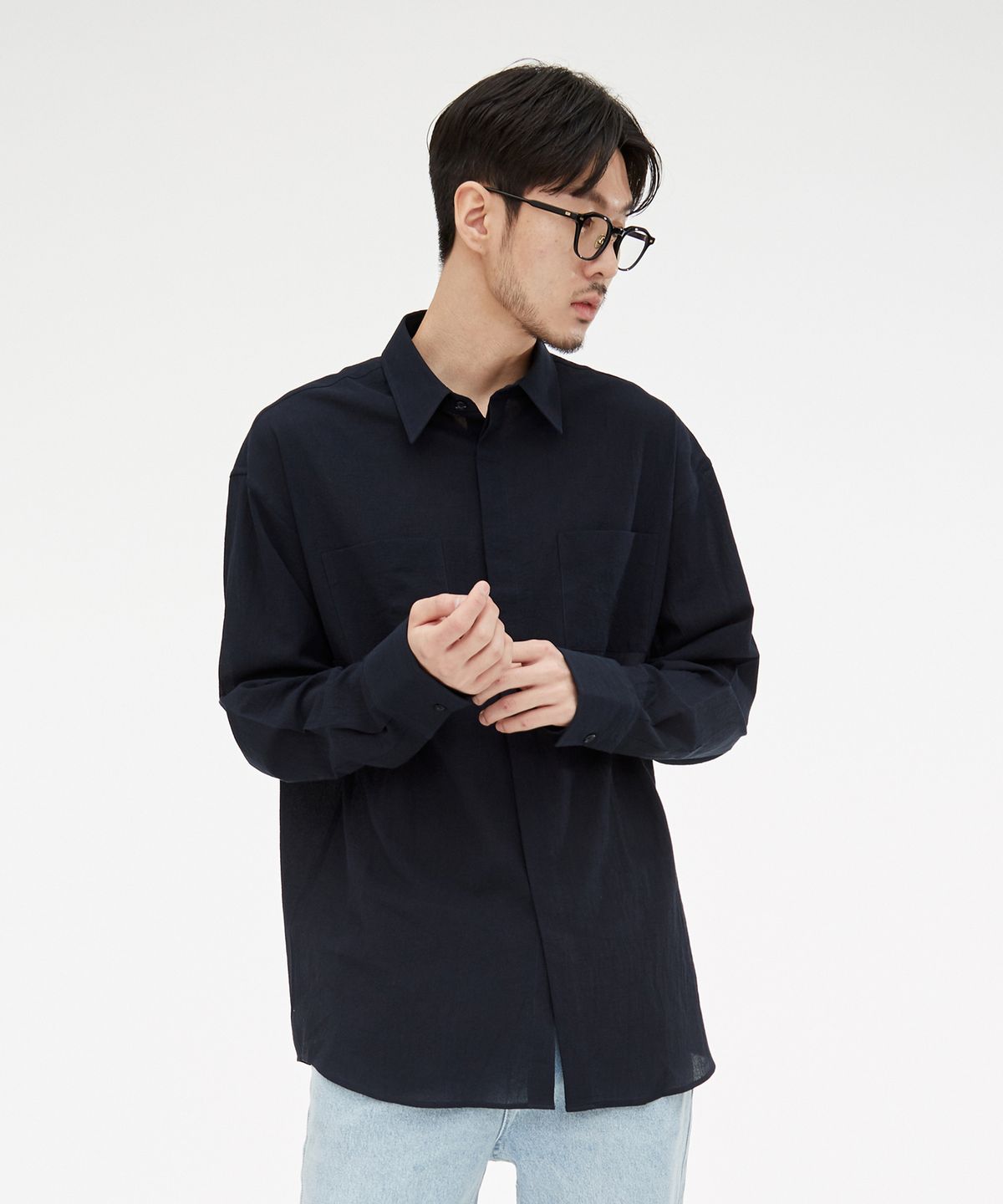 기프트오리지널(GIFTORIGINAL) (UNISEX) 소프트 히든 버튼 셔츠 네이비
