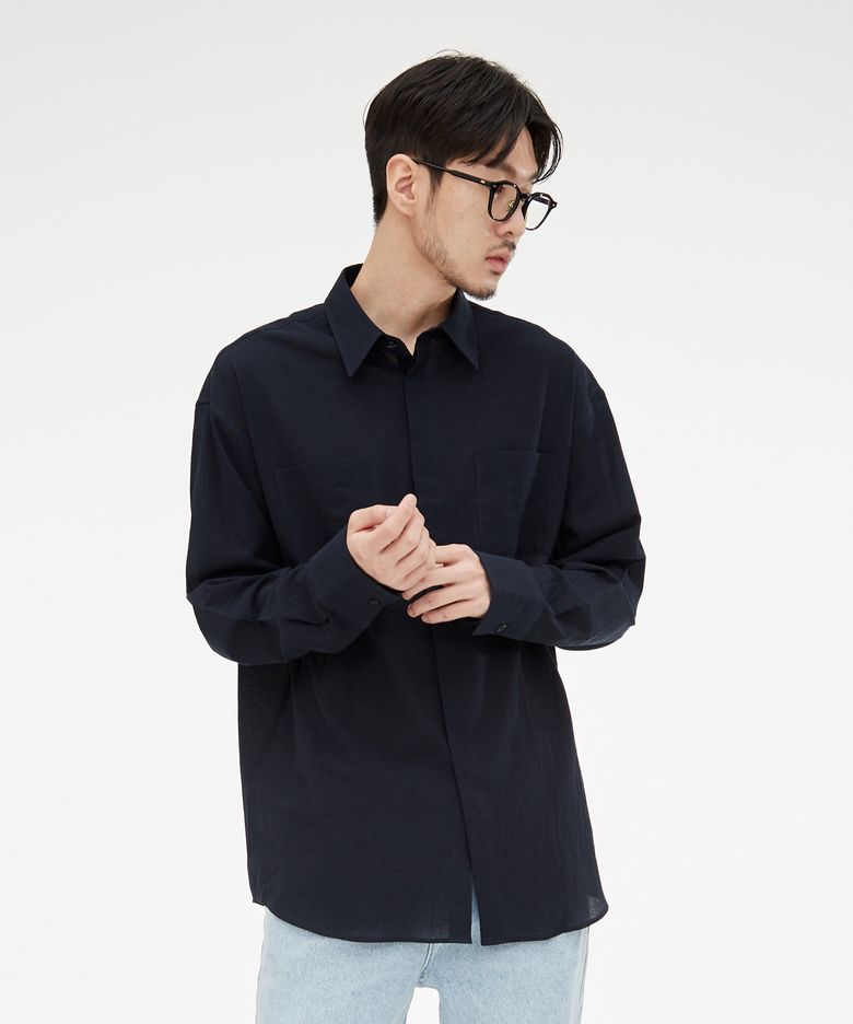 (UNISEX) 소프트 히든 버튼 셔츠 네이비