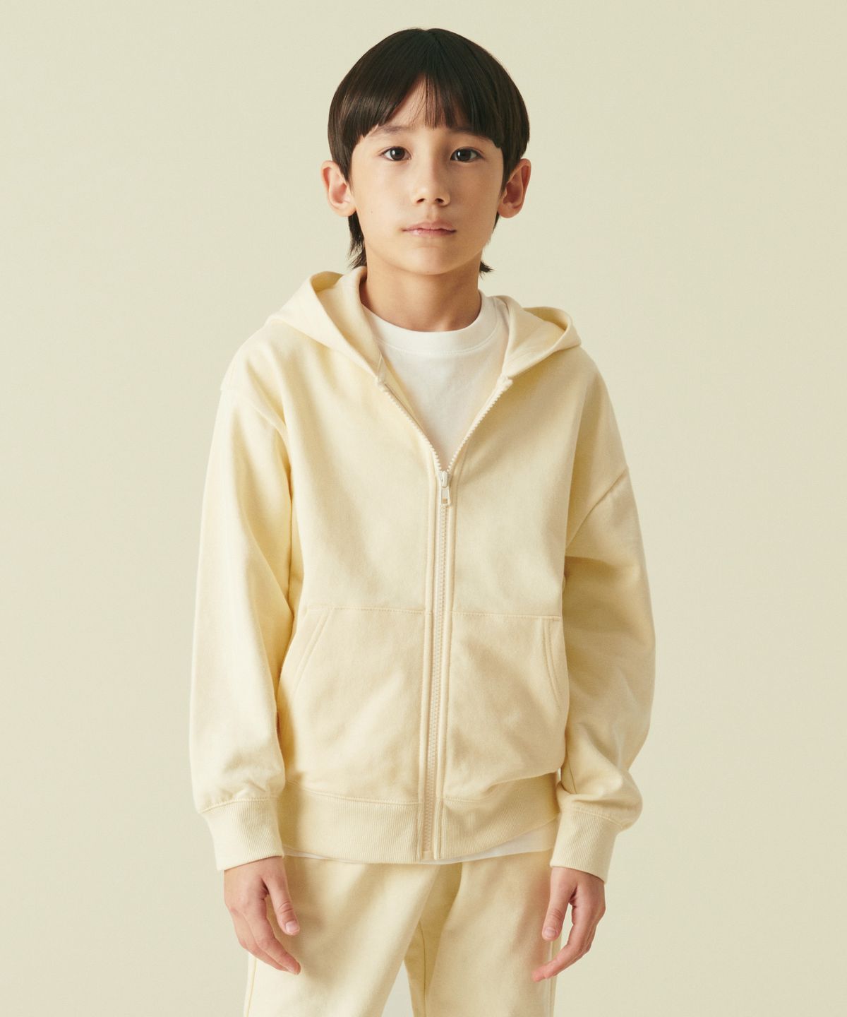 무신사 스탠다드 키즈(MUSINSA STANDARD KIDS) 오버사이즈 후디드 스웨트 집업 [레몬 크림]