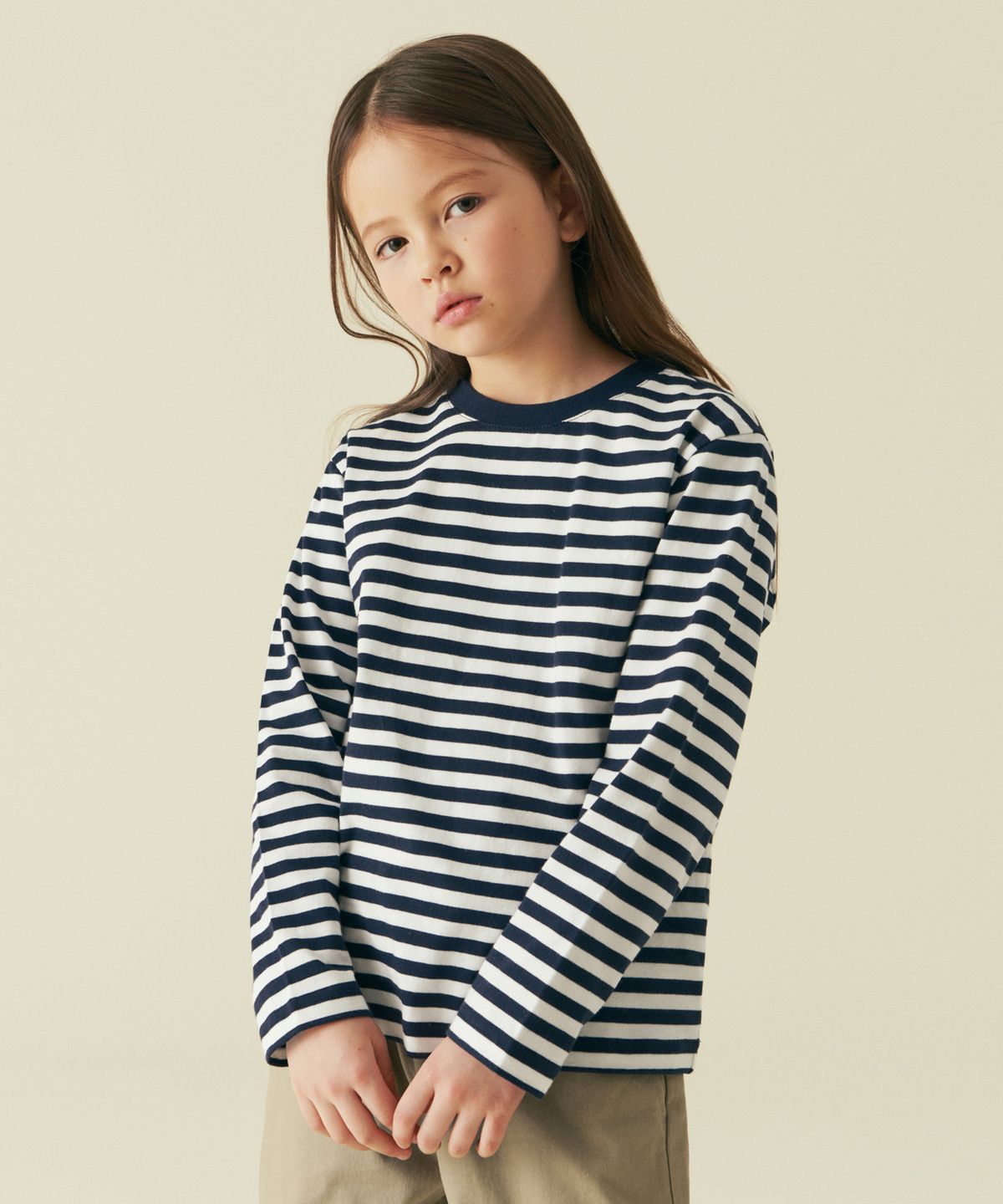 무신사 스탠다드 키즈(MUSINSA STANDARD KIDS) 스트라이프 크루 넥 긴소매 티셔츠 [네이비/화이트]