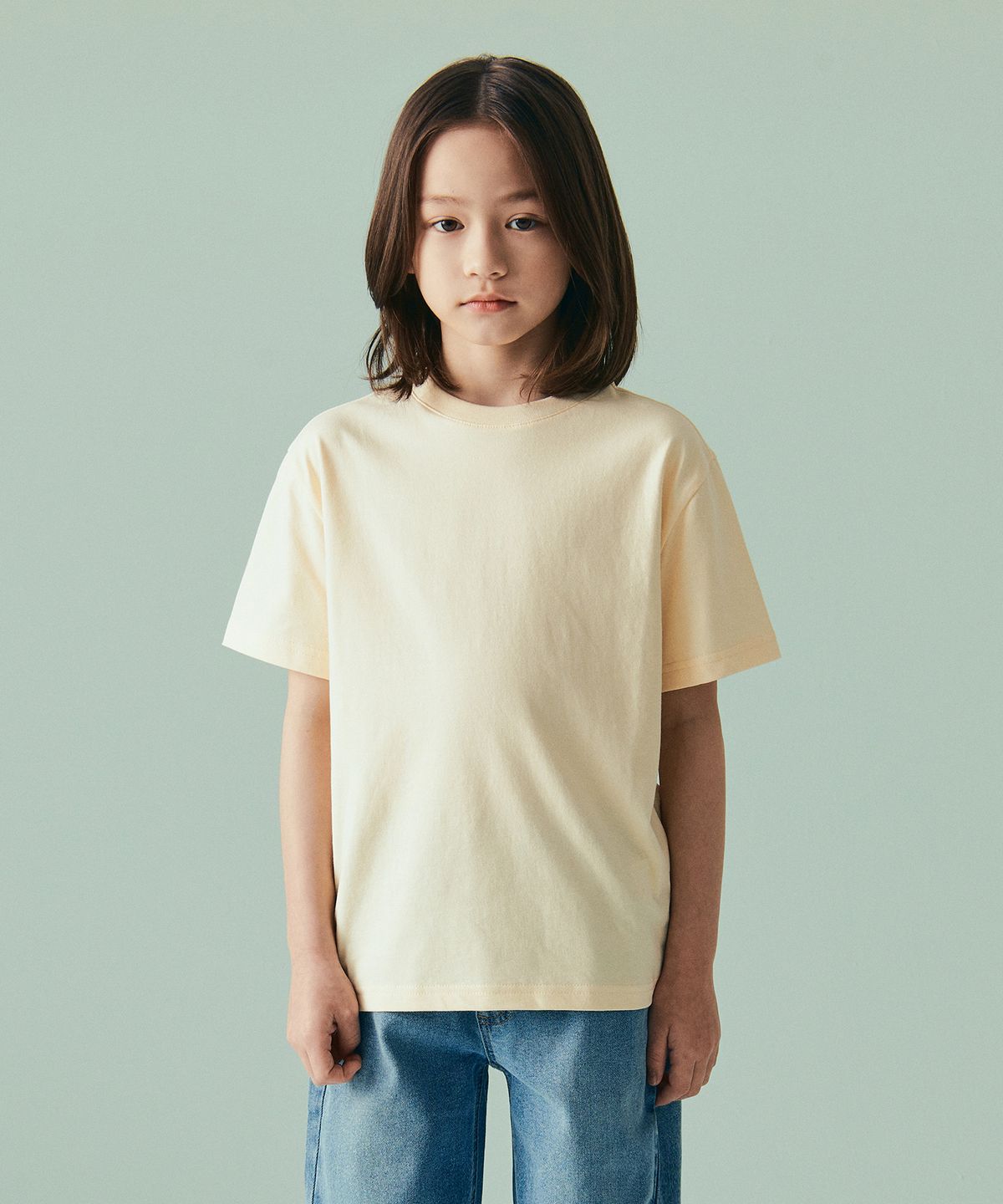 무신사 스탠다드 키즈(MUSINSA STANDARD KIDS) 릴렉스드 크루 넥 티셔츠 [레몬 크림]