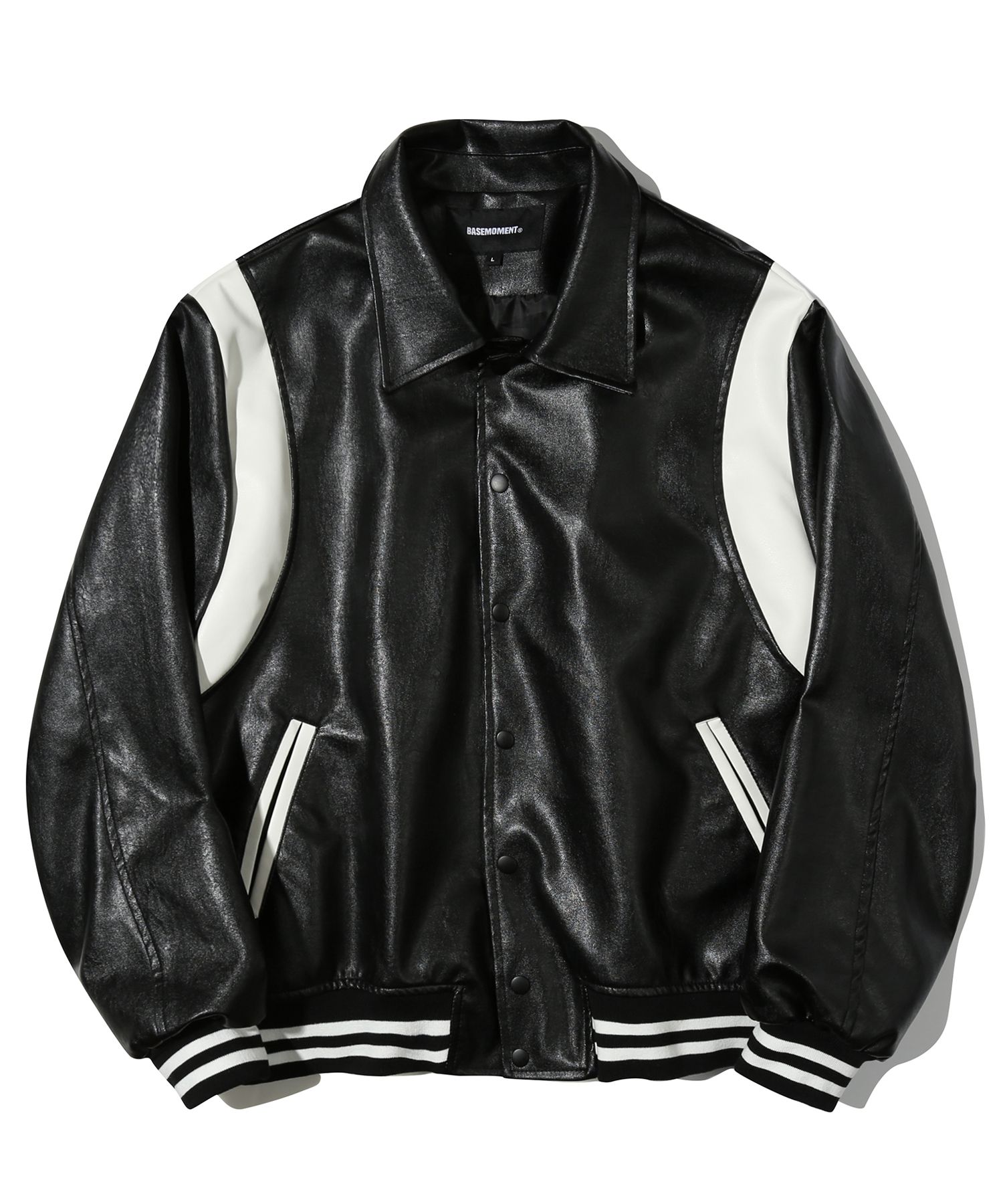 MUSINSA | BASEMOMENT Vegan Leather Varsity Jacket Black