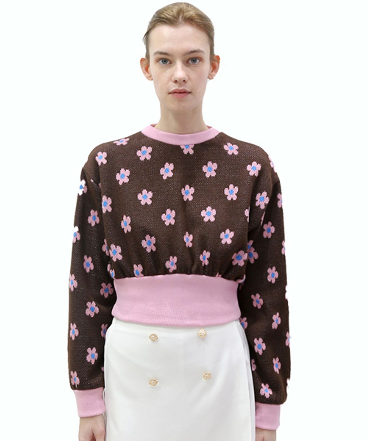 데미지니모닉(DAMAGE MNEMONIC) 플라워 브라운 크롭 맨투맨_ Flower Brown Crop MTM