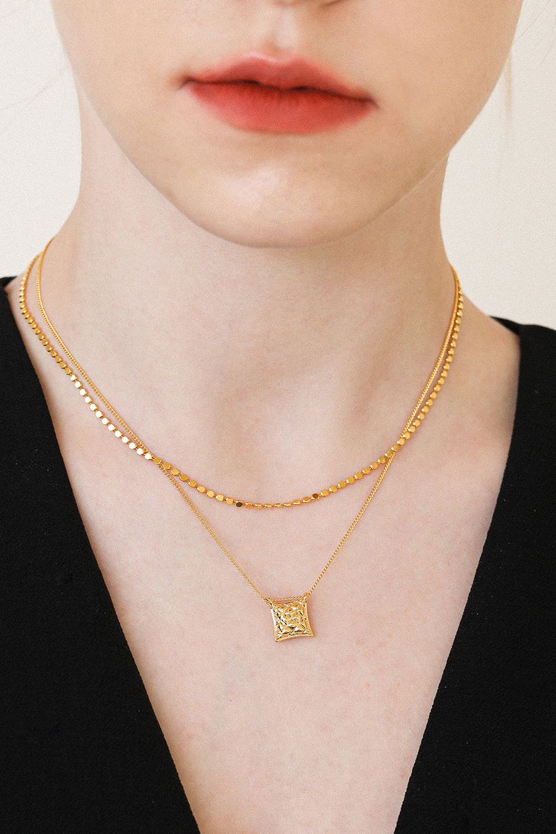 check pendant layered chain necklace N033