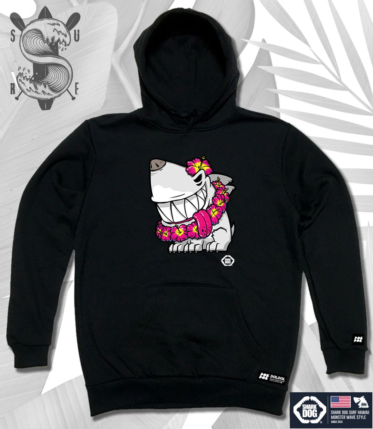 돌돌(DOLDOL) SHARK-DOG-HOODY-84 샤크독 서핑 하와이 캐릭터 그래픽 후드티 후디