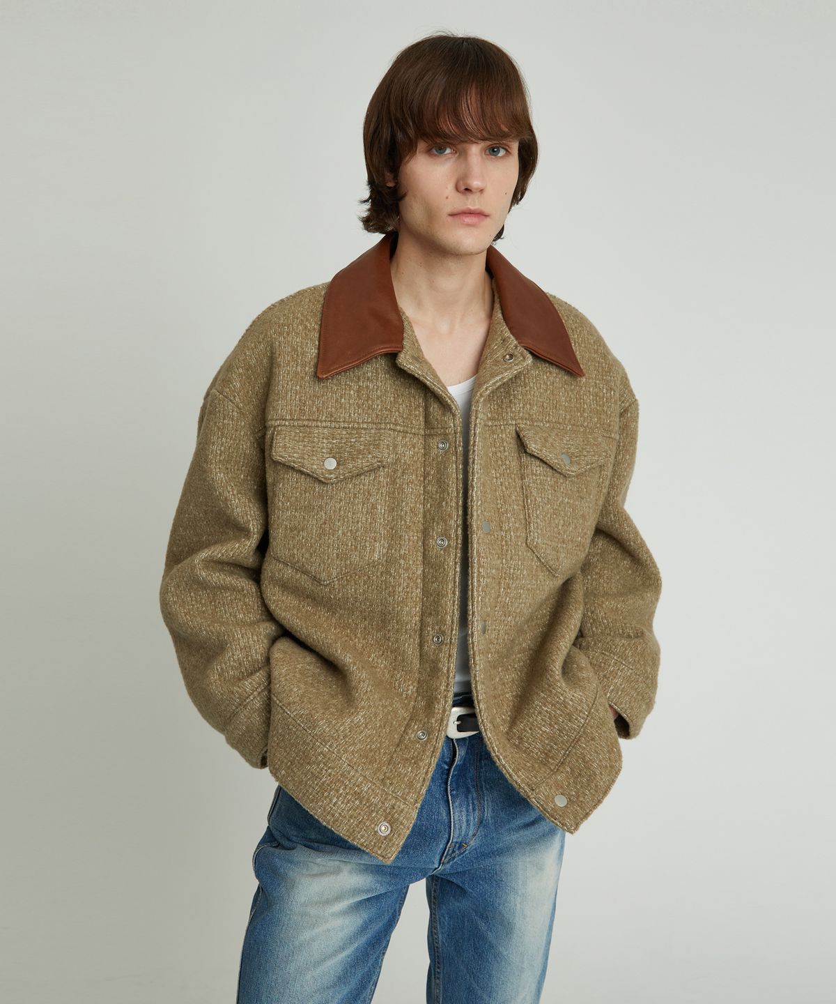 앤드로스(ANDROS) Leather Trimming Cardigan (Olive)